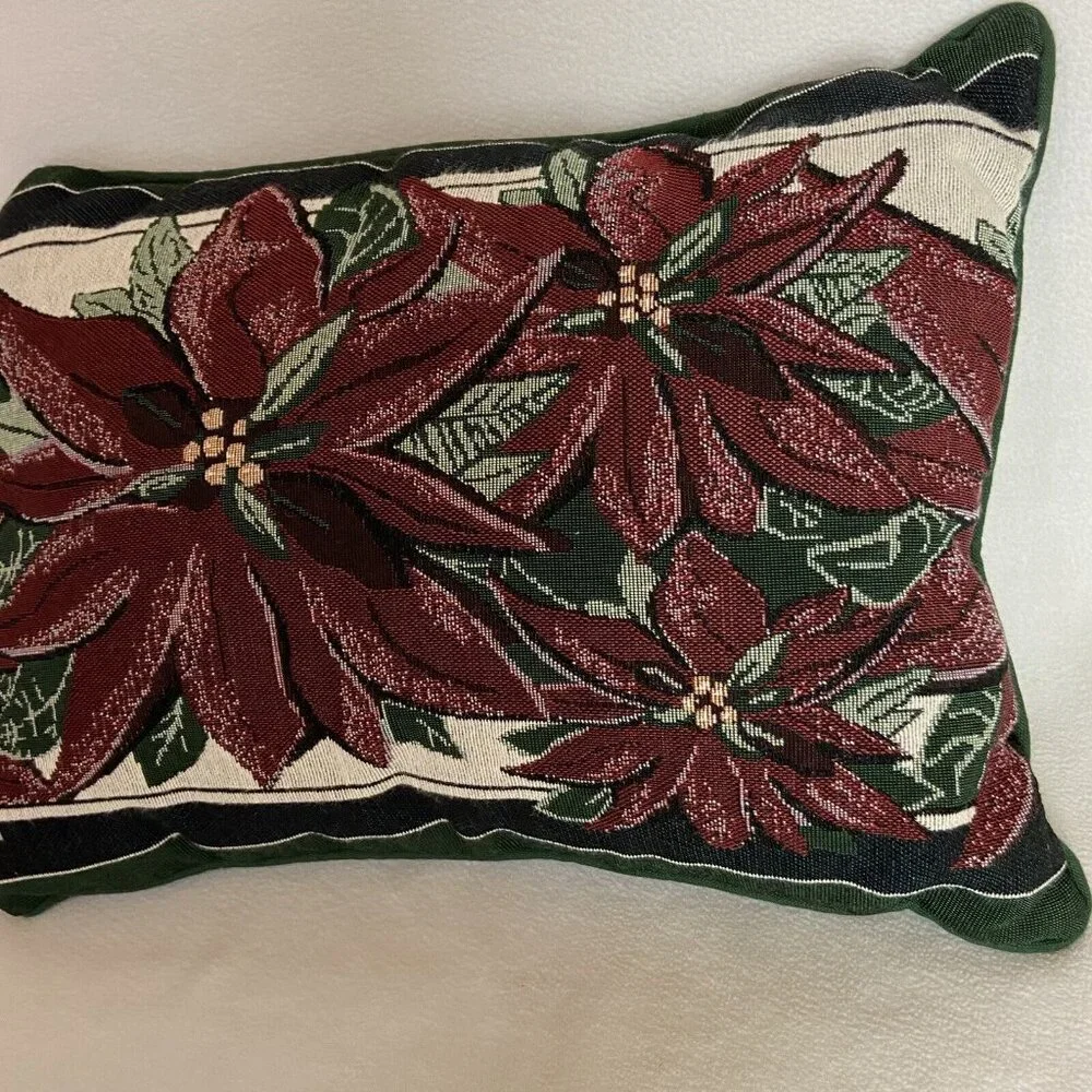 Tapestry Throw Pillow Christmas Holiday Poinsettias Rectangle Red Green White